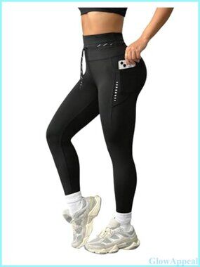 Drawstring Waist High Rise Workout Leggings Yoga Pants with Pockets